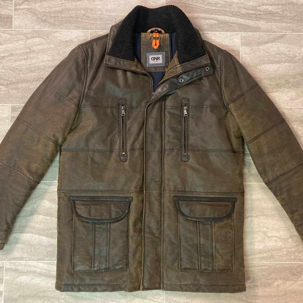 DNR Genuine Leather Men’s Jacket European Size 52 Dark Brown Zip Up Long
